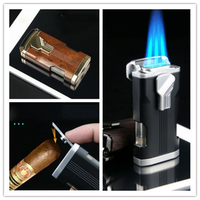 

Creative And Personalized Cigar Lighter Visible Air Window High Firepower Windproof Three Straight Blue Flame Butane Gas Lighter