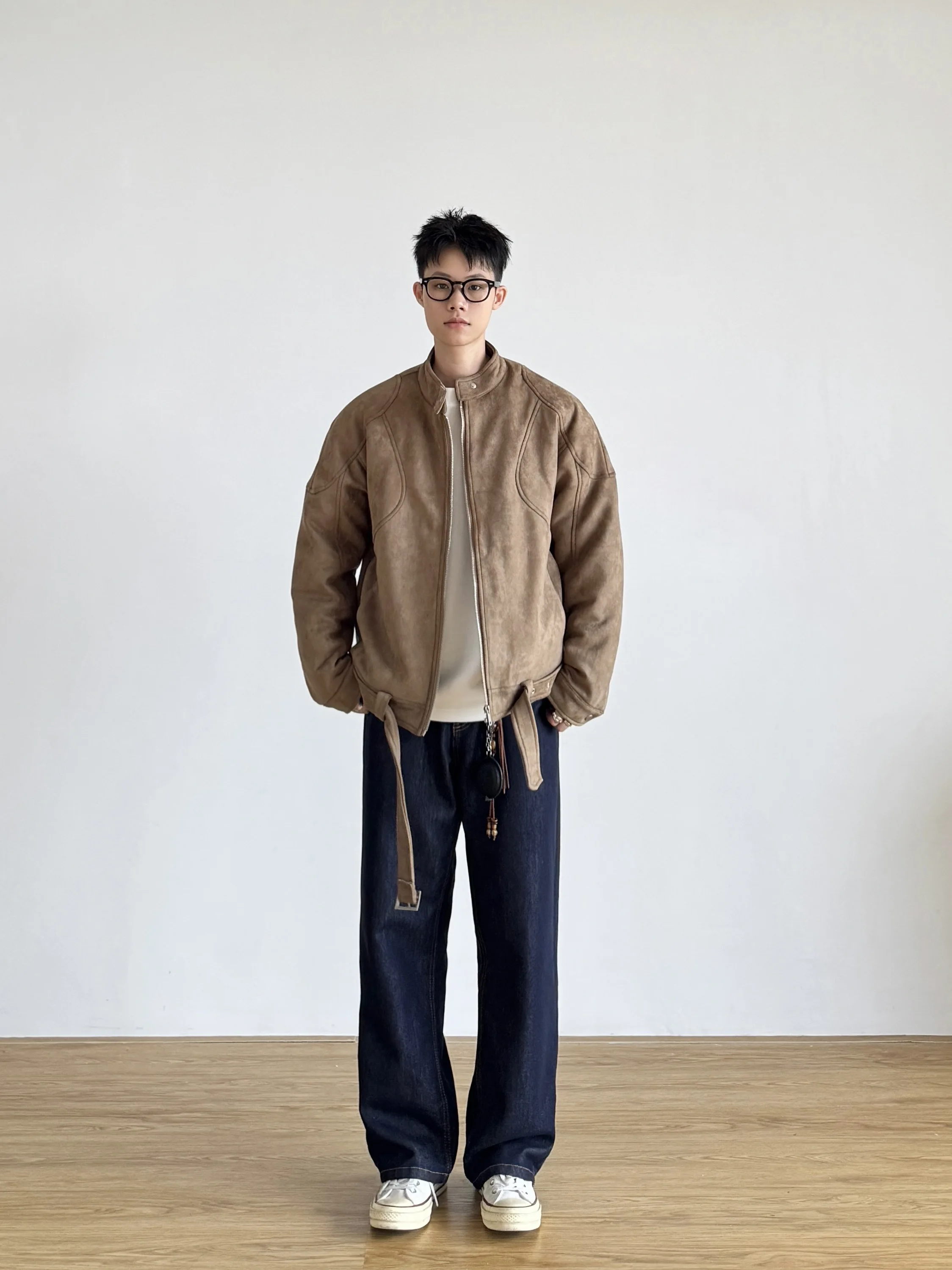 

Retro American Suede Collar Patchwork Coat ex Lo Bule Harlan Versatile Warm Cotton Jaet Youth Trendy Long Sve