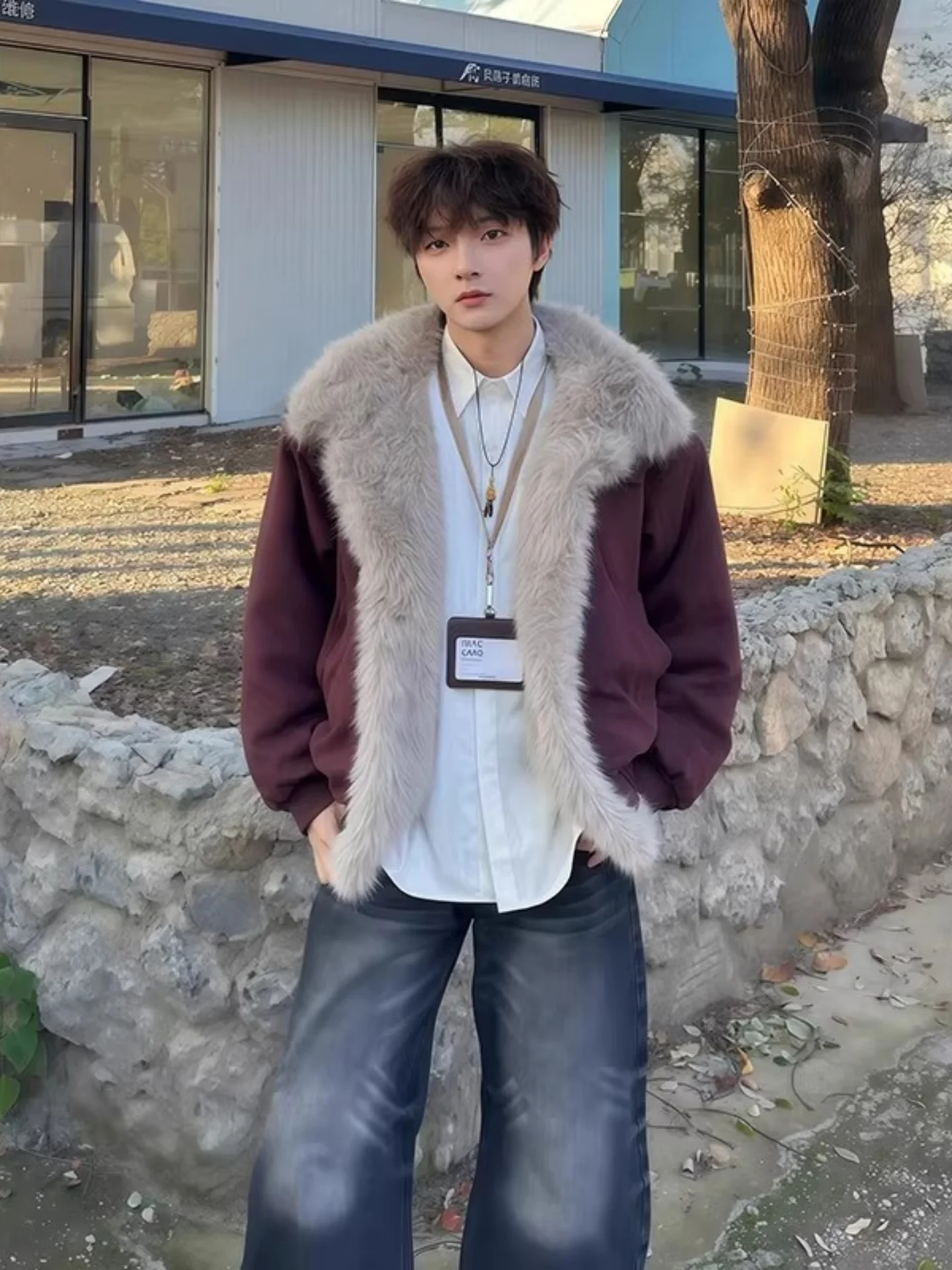 

Reddi Brown Men's Cotton Jaet Winter Thi Warm Mink Fur Collar Suede Cotton Coat Youth Faion Loose Fit Long Sve