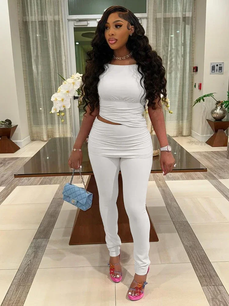 

Weird Puss Daily Casual 2 Piece Set Women Ruched o-Neck Sleeveless Crop Tops+Skinny Long Pants Street Solid Simple Fashion Suits
