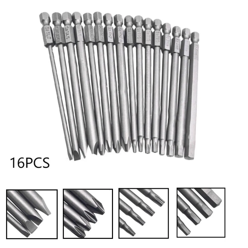 16 pz Punte per Cacciavite Magnetico Set Croce Scanalata per Torx Esagonale 100mm Lunghezza 14 Pollici Utensili con Codolo Esagonale per Cacciaviti Elettrici,