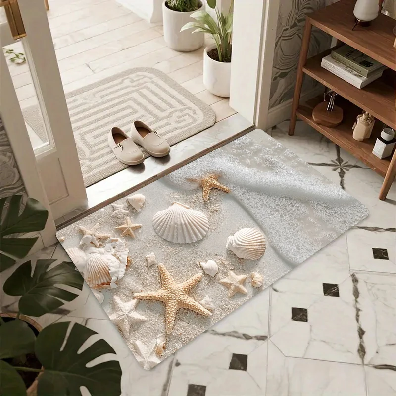 Seaside Ocean Floor Rug Realistic Starfish and Seashell Pattern Neutral Beach Vibe Art Decor Rug for Indoor Home Ornament