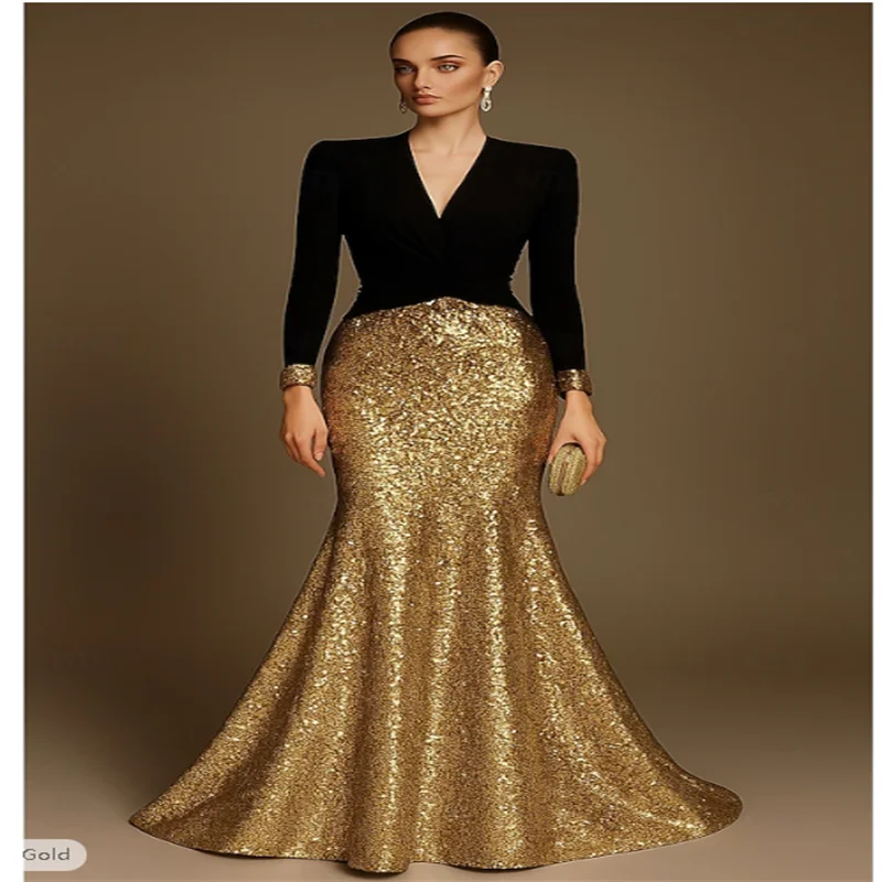 Black Mermaid / Trumpet Evening Gown Elegant Dress Formal Wedding Floor Length Half Sleeve V Neck Sequined with Glitter 2025
