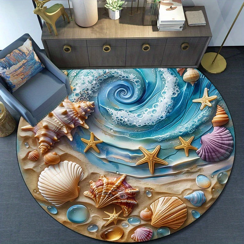 Ocean Wave Shell Round Rug Flannel Printed Carpet Beach Theme Home Decor Cozy Soft Floor Mat Living Room Indoor Use