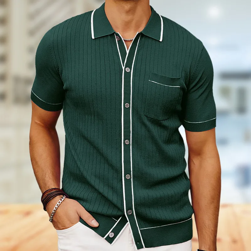 Men's summer casual new cardigan sweater top solid color breathable single breasted fashionable short sleeved business polo shir