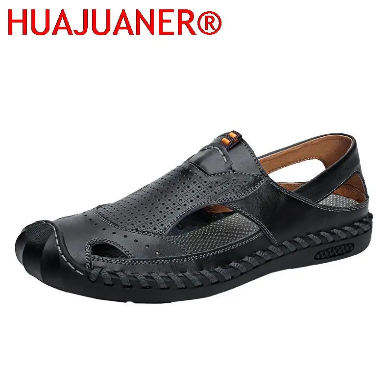 New Sandals Mens Summer Shoes Leather Fashion Hole Shoes Breathable Classic Walking Shoes Lightweight Outdoor Hiking Shoes Flats