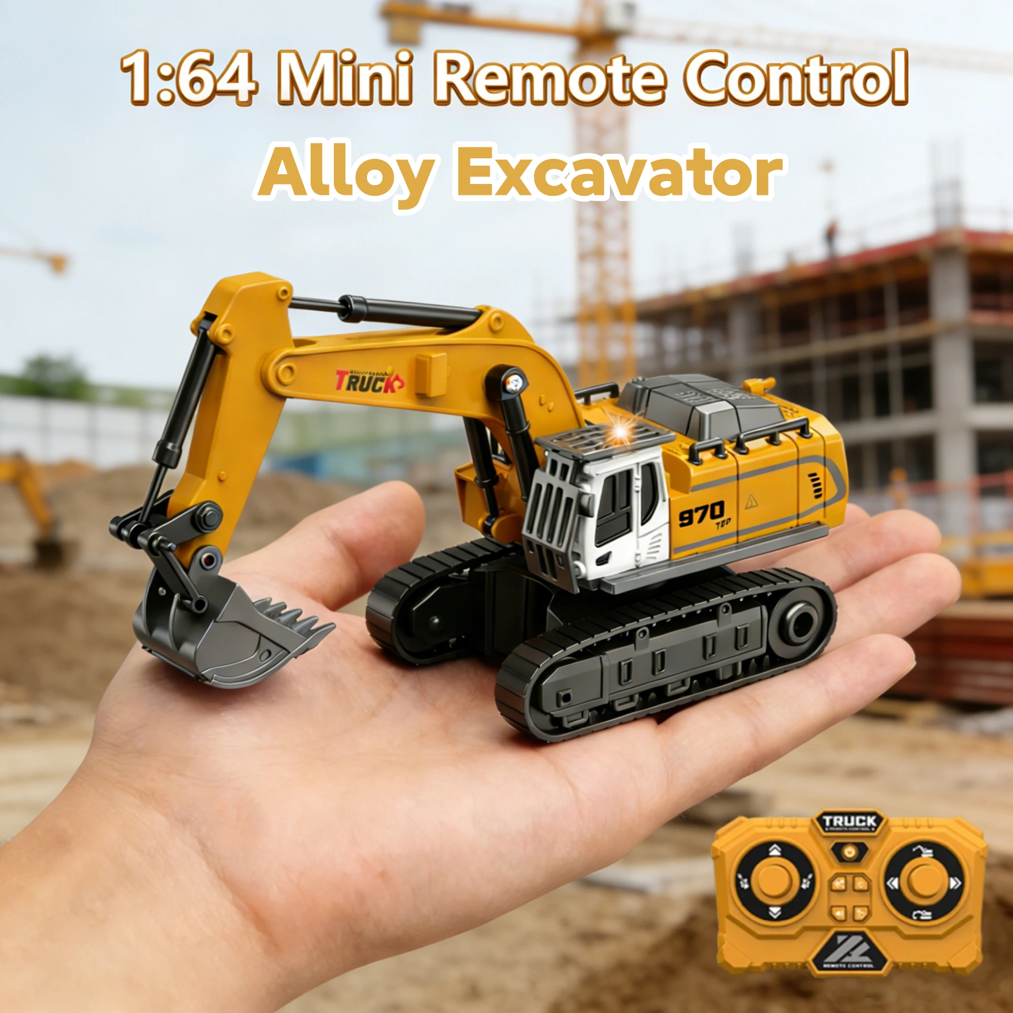 1:64 Mini RC Excavator Desktop Remote Control Crawler Alloy Truck Electric Engineering Vehicle Model with Light Kid BoyGifts