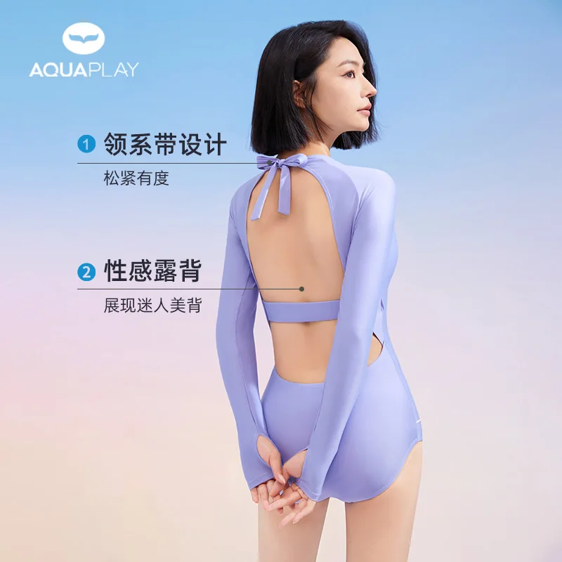 

AquaPlay Summer Long Sleeve Sun Protection Women One Piece Swimsuit Quick Dry UPF50+ Rash Guard Purple Surf Suit Racing Swimsuit