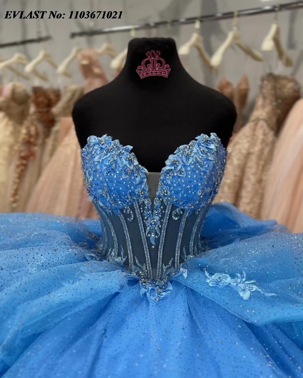 EVLAST gaun pesta gaya putri biru Quinceanera gaun pesta manik-manik Applique berkilau korset Meksiko berjenjang manis 16 Vestidos De 15 Anos SQ732