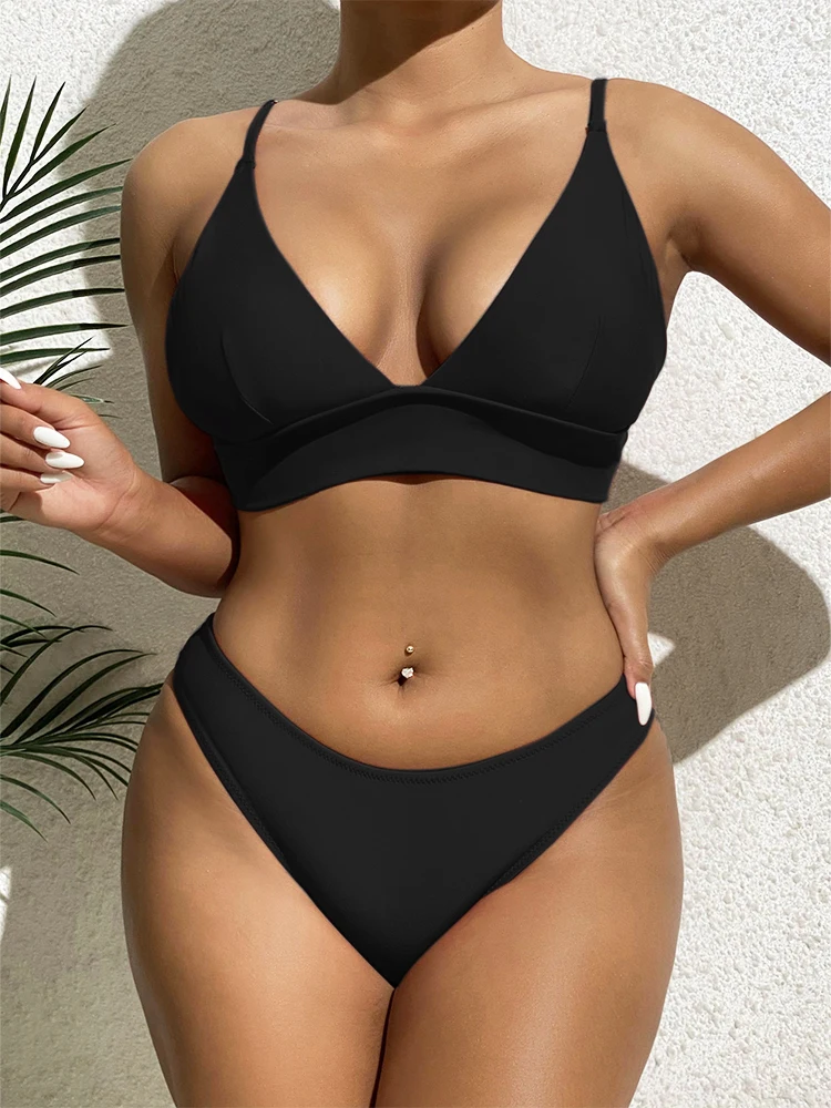 Bikini Swimwear Women Swimsuit 2023 Solid Black High Waist Bikinis Set Sexy V-neck Brazilian Beach Bathing Suit Summer Female L