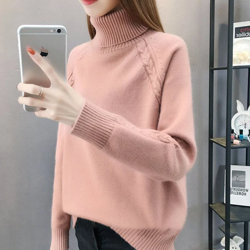 

Women Turtleneck Sweater Fall Winter Loose Warm Knit Pullover Korean Fluffy Trending Velvet Soft Casual Solid Knitwear Tops