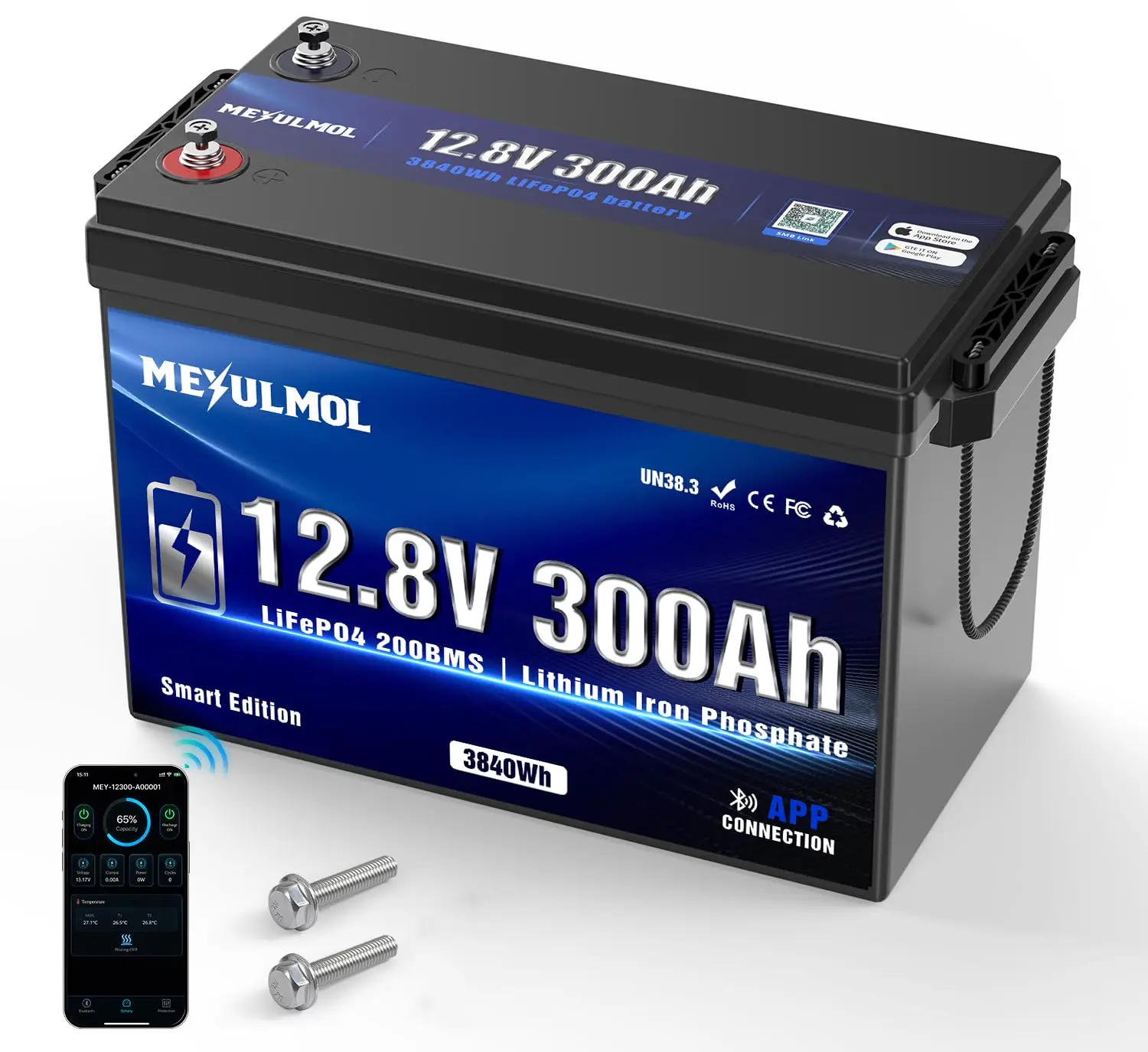 12V 300Ah LiFePO4 Lithium Battery, Upgraded 200A BMS System, Up to 15000+ Cycles Life, 3840Wh Rechargeable Lithium