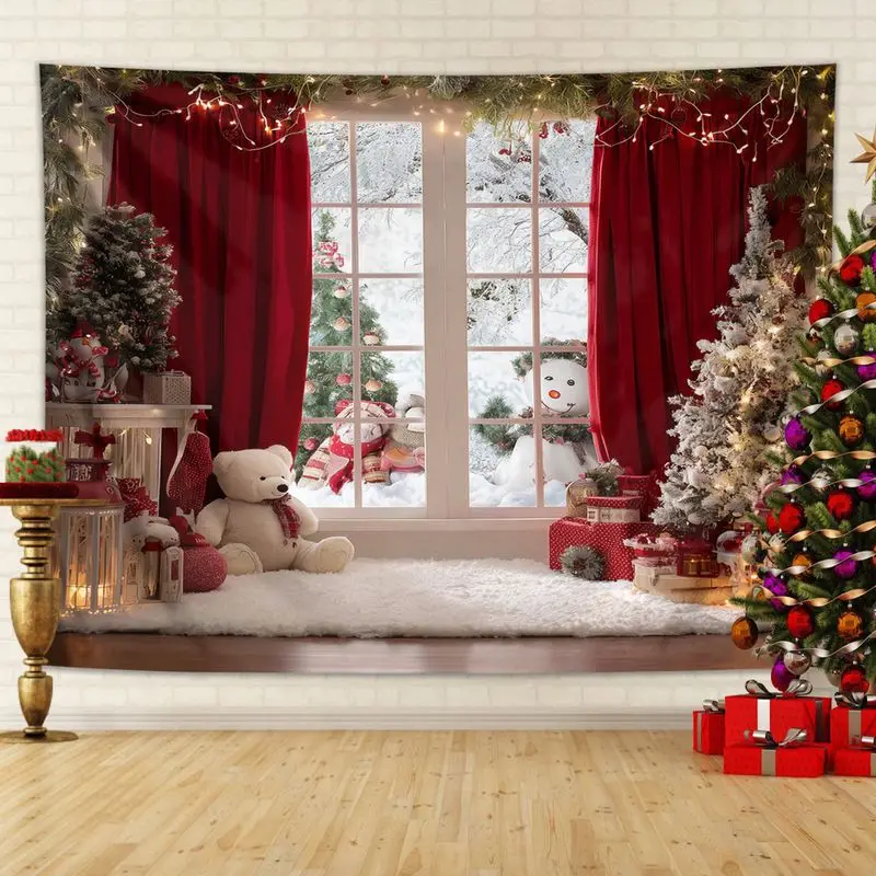 VIKAMA Red Curtain Snow Scene Christmas Tapestry, Dramatic Wall Art for Living Room Festive Background Decoration