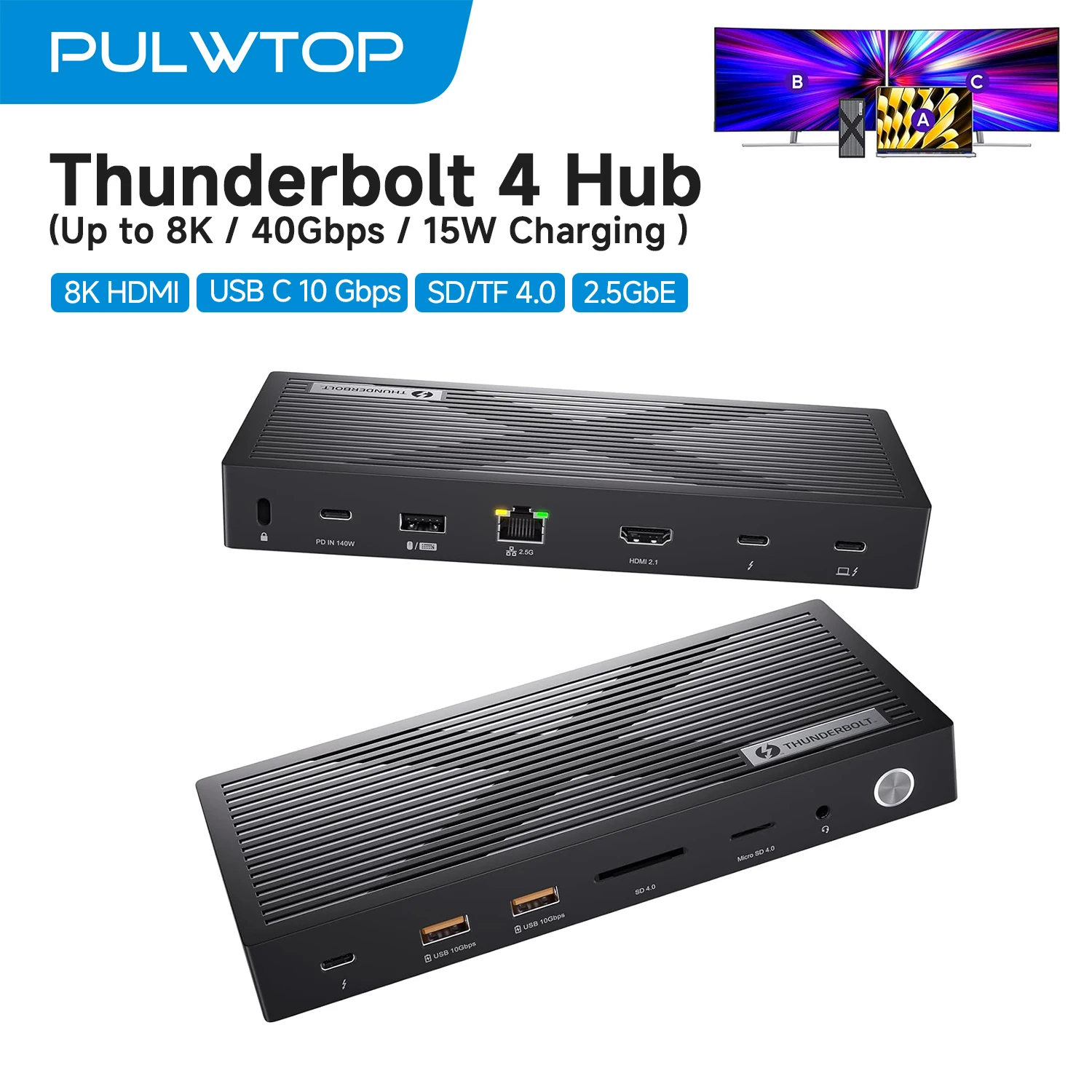

PULWTOP Thunderbolt 4 Dock with Dual Monitor 8K/4K Display 40Gb/s, HDMI, SD/TF 4.0, 2.5GbE for Windows & Mac M4/Pro/Max