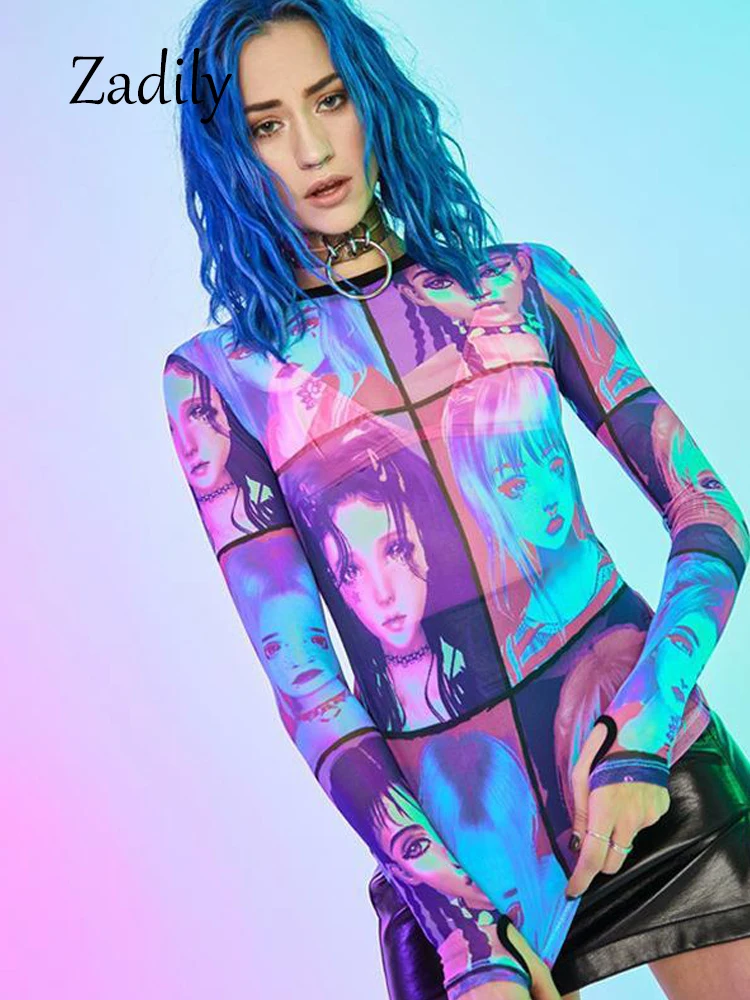 Long Sleeve Women's Cyberpunk T-Shirt, Cartoon Print, Transparent Sexy Slim Top Tee Streetwear Female Clothing Y2K Summer 2024