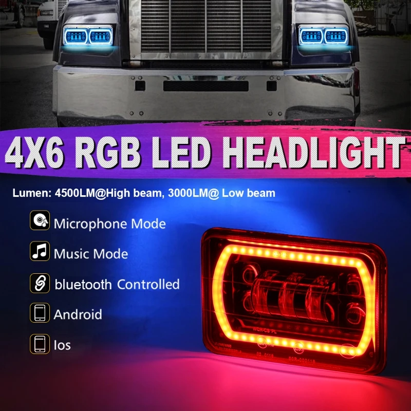 4Pcs LED Headlights with White RGB Music Mode Seal Beam Replace Fit for Most of Vehicles with 4x6” Factory Headlights