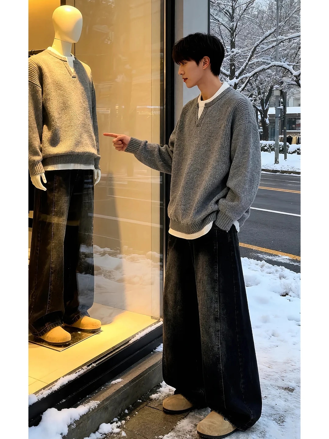 

Light ey V-Ne Knitwear Men's Autumn Winter Loose Fit Inner Wear Lazy Sle Base Layer Top Korean System Outerwear