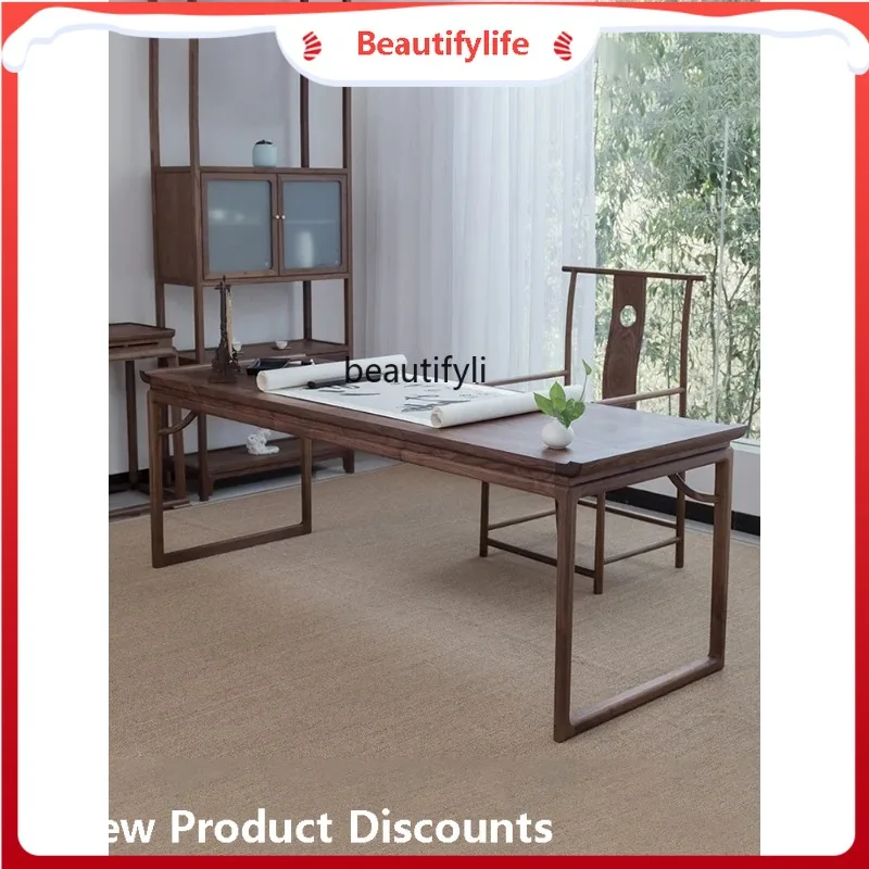 A506 New Chinese solid wood desk Zen black walnut calligraphy table Old elm painting and calligraphy desk