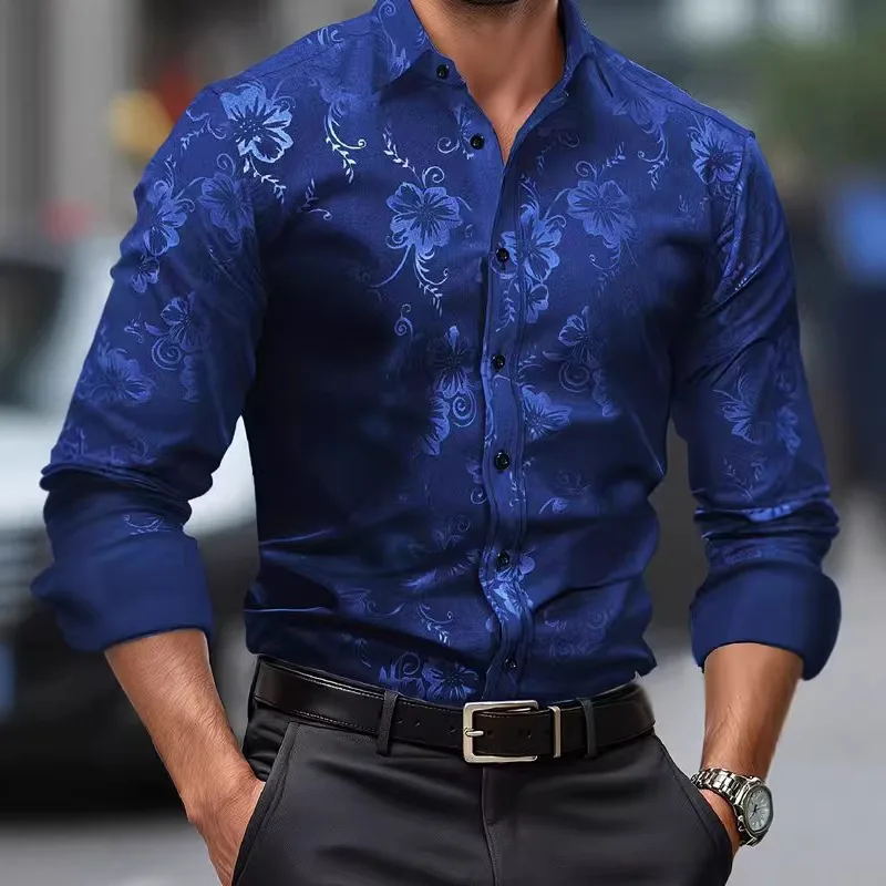 Men's Lapel 3d Printed Casual Shirt Slim-fitting Long-sleeved Four-sided Elastic Shirt
