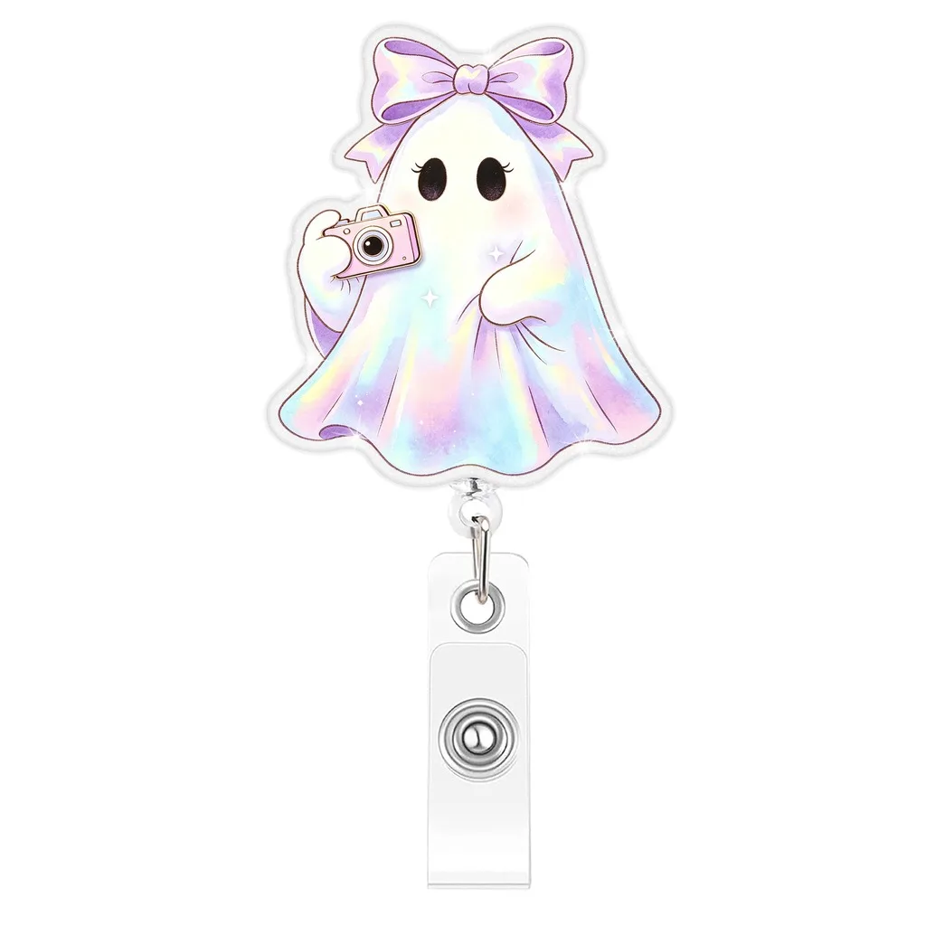 Rotating Clip Badge Reel Retractable Acrylic Retractable Badge Clip Gradient Ghost Badge Reel Cute Decorative Id Holder