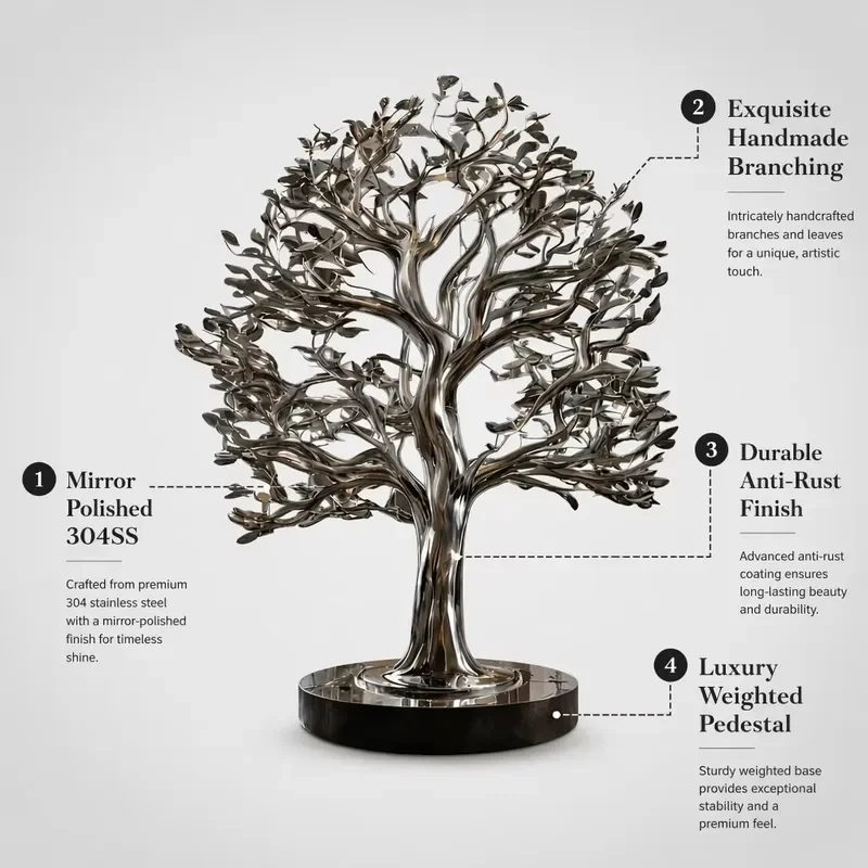 Large Modern Stainless Steel Tree Sculpture Polished Metal Art Statue Handmade Fortune Tree for Garden Landscape Outdoor