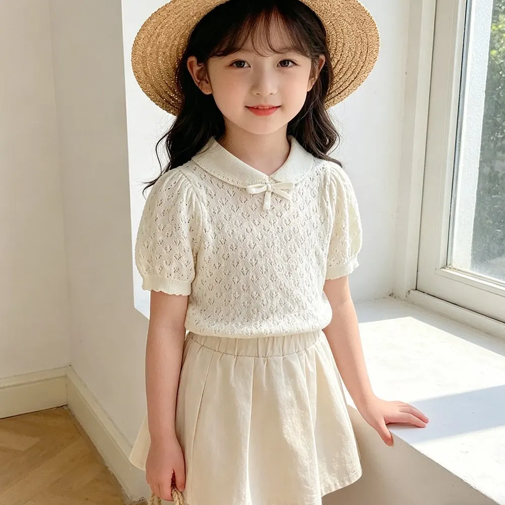 Girls Summer Hollow out Knitted Short Sleeve T-Shirt Fashionable New Style Thin Top Breathable Children's Clothing