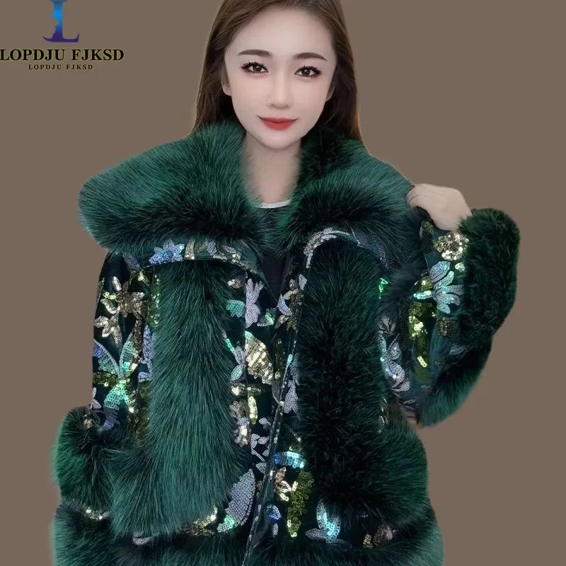 

Faux Fur Coats for Women,Covered Button Jacket,Thicken Warm Female Clothes,Turn-down Collar,Spliced,Sequins,New, Winter