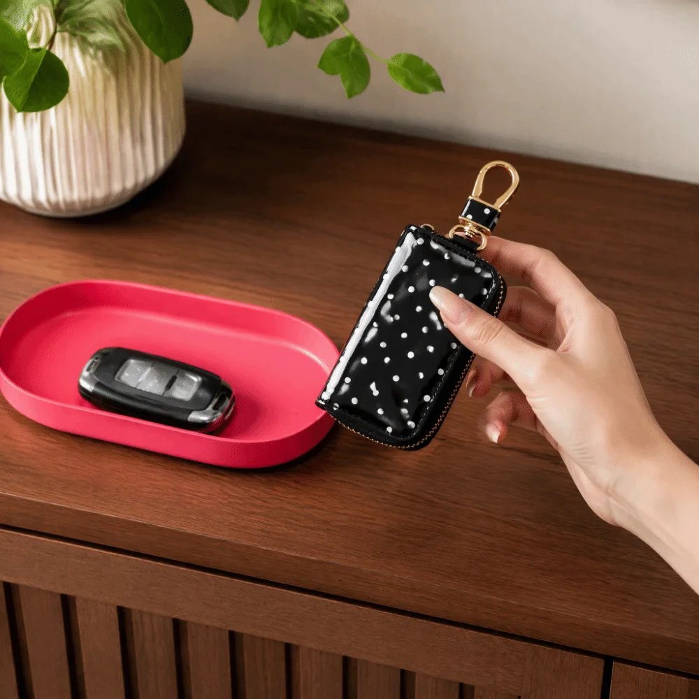 Durable Polka Dot Key Pouch Metal Clasp Compact Zipper Key Protection Cover Water Resistant Pu Leather Small Wallet Daily Use
