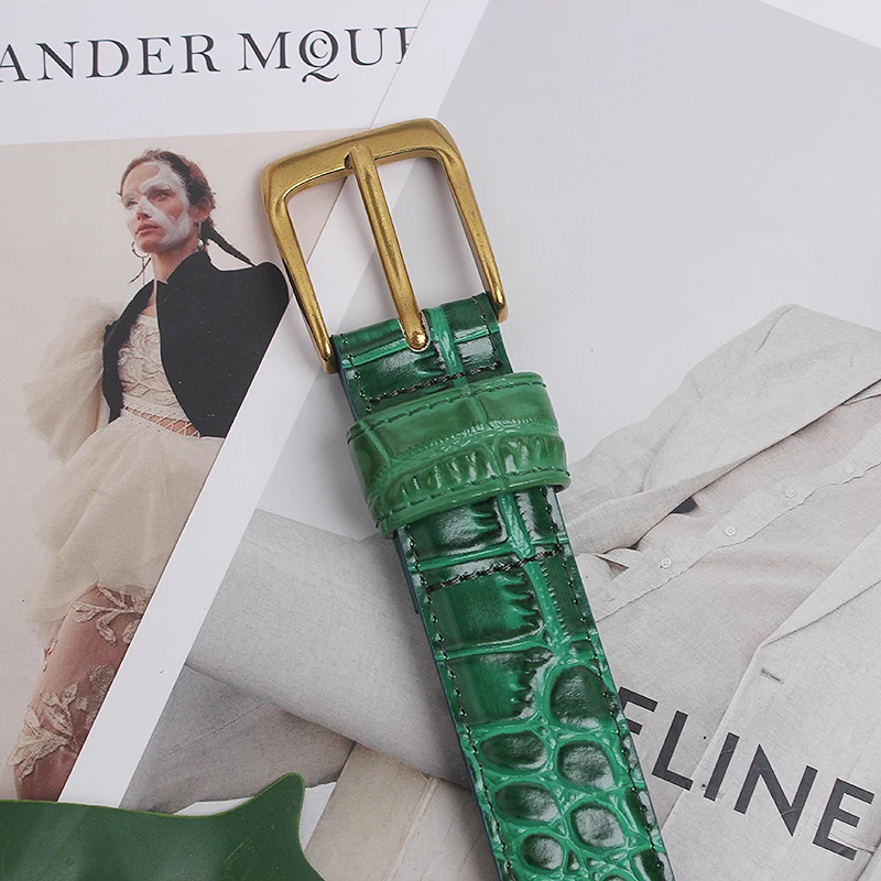 Women's Retro Simple Crocodile Pattern Leather Green Belts Female Belt Fashionable For Women Dress Decoration Waistband