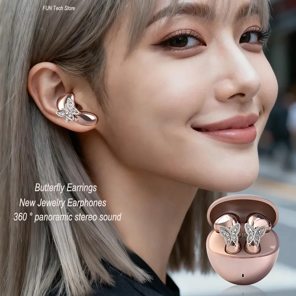 

Girls Jewelry Earphones With A Pair Of Butterfly Earrings 360 ° Panoramic Stereo Sound Noise Reduction Half In Ear Style Earbuds