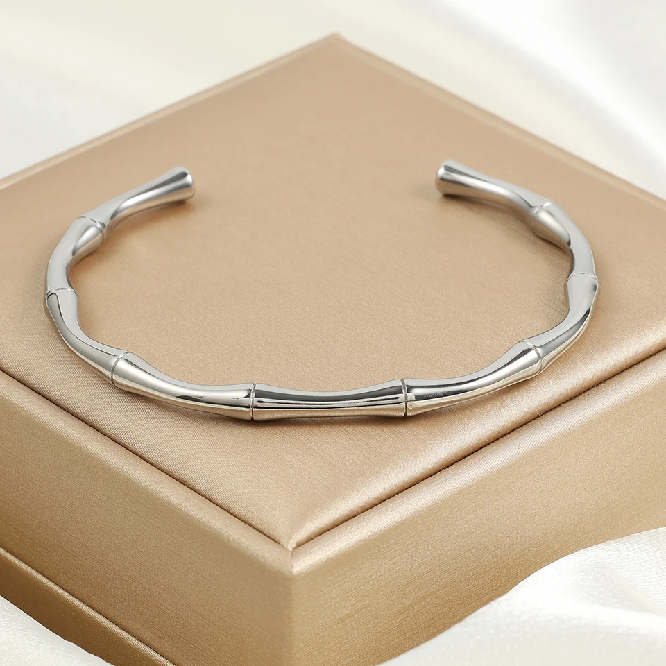 ZAKOL New Stainless Steel Gold Color Bamboo Adjustable Open Bracelet 18k Gold Plated Waterproof Fashion Women Jewelry image 3