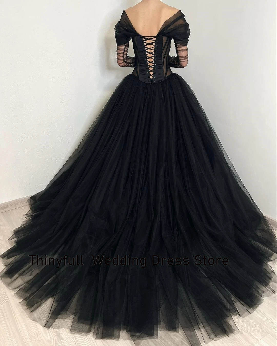 Thinyfull Black Gothic Sheer Corset Tulle Wedding Dress A-line Off Shoulder Long Sleeves Bride Dress Lace Up Bridal Gowns 2023