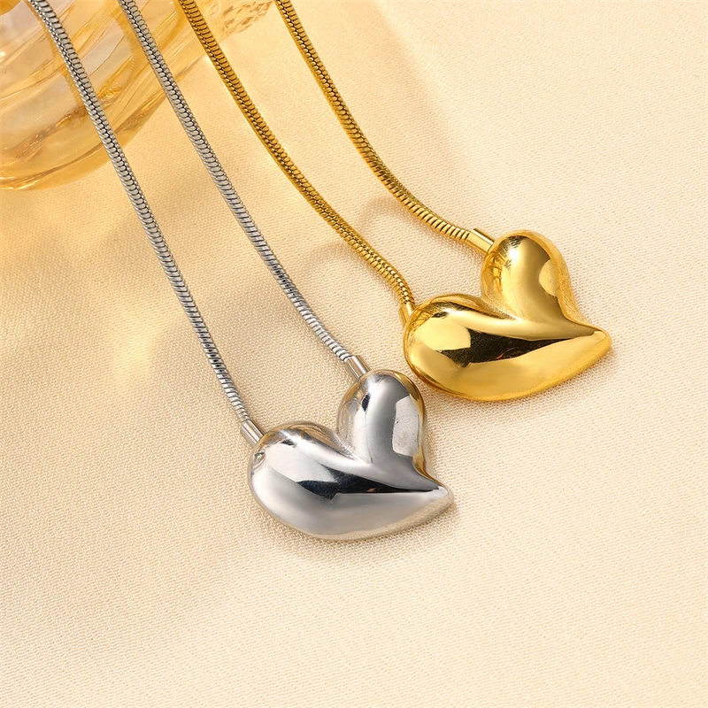 Minimalist Puffy Heart Necklace Gold Silver Color Stainless Steel Circle Snake Chain Love Pendant Choker Valentine For Wome Gift