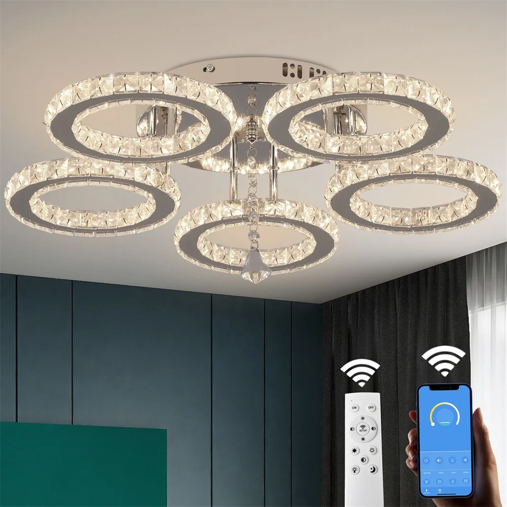 

Modern Crystal Chandelier with App Dimmable Ceiling Light Fixture Rings Shape Flush Mount Chandelier for Bedroom Living Room