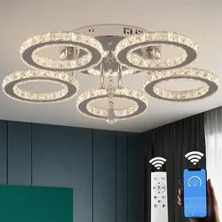 Modern Crystal Chandelier with App Dimmable Ceiling Light Fixture Rings Shape Flush Mount Chandelier for Bedroom Living Room