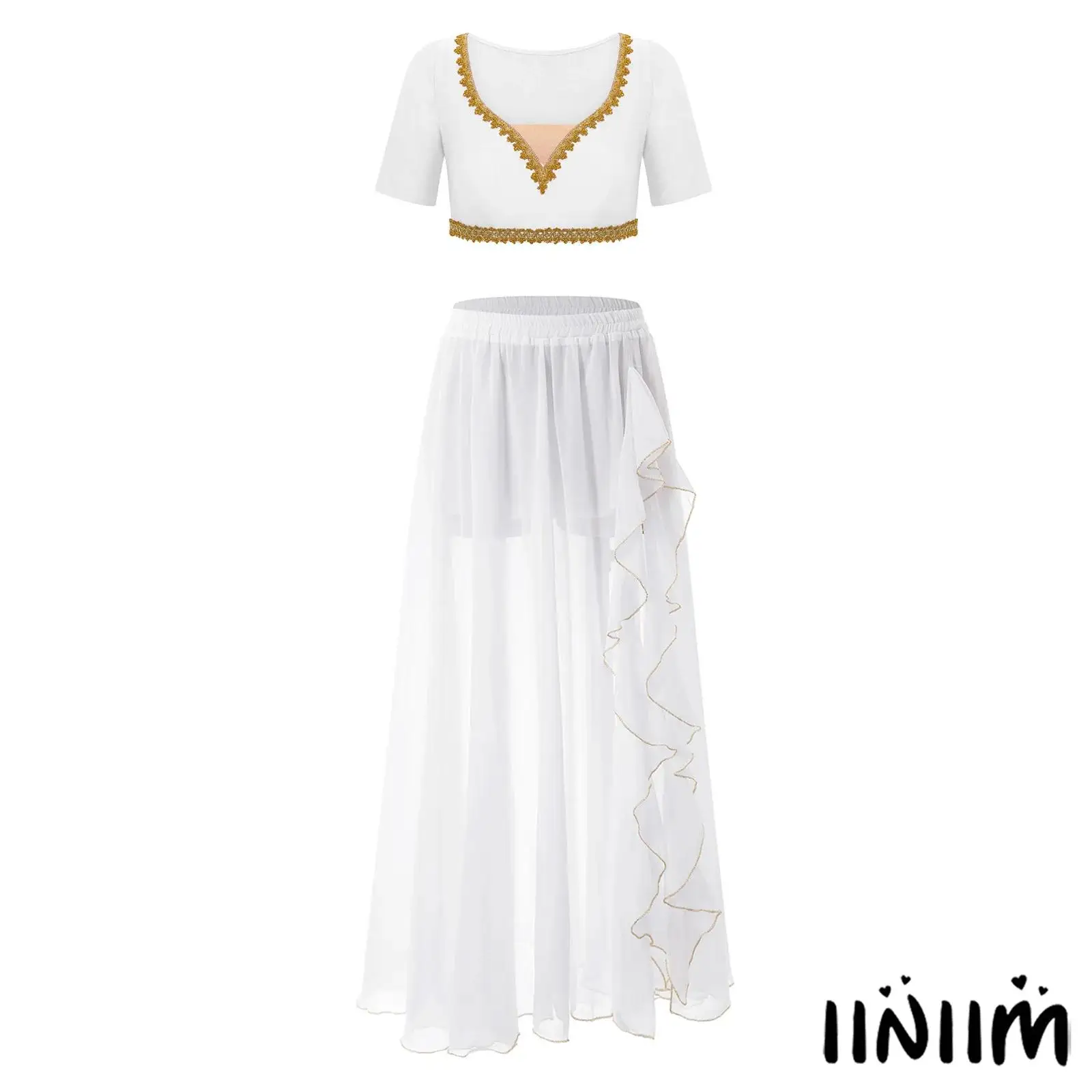 

Women Belly Dance Outfit Gold Trim V Neck Short Sleeve Crop Top with Elastic Waistband Ruffles Side Split Flowy Chiffon Skirt