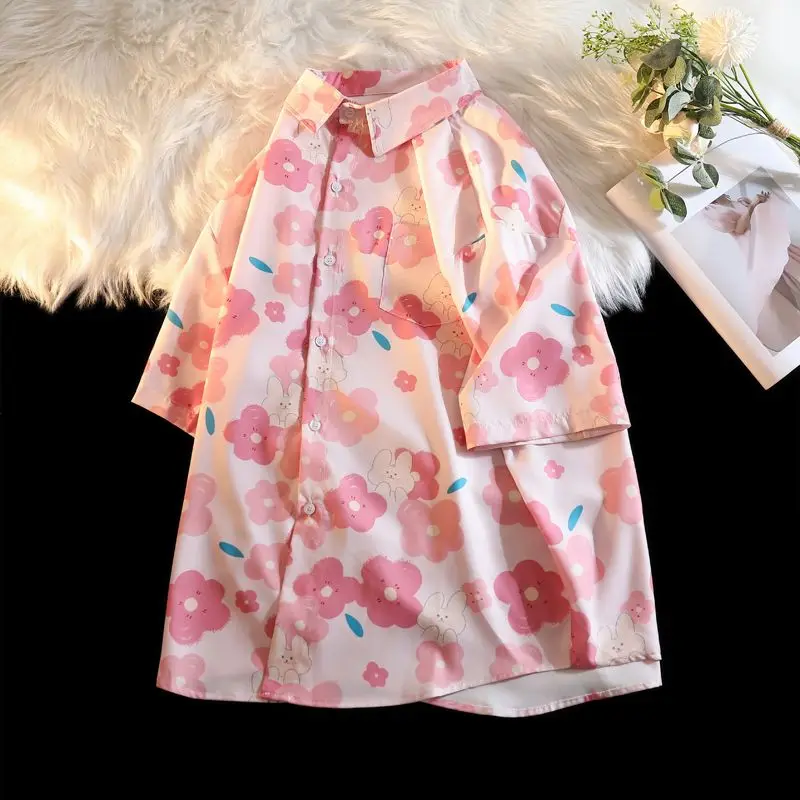 XEJ Japanese Harajuku Fashion Kawaii Shirt Pink Short Sleeved Shirt Women\'s 2024 Summer New Flower Top Oversized Shirt