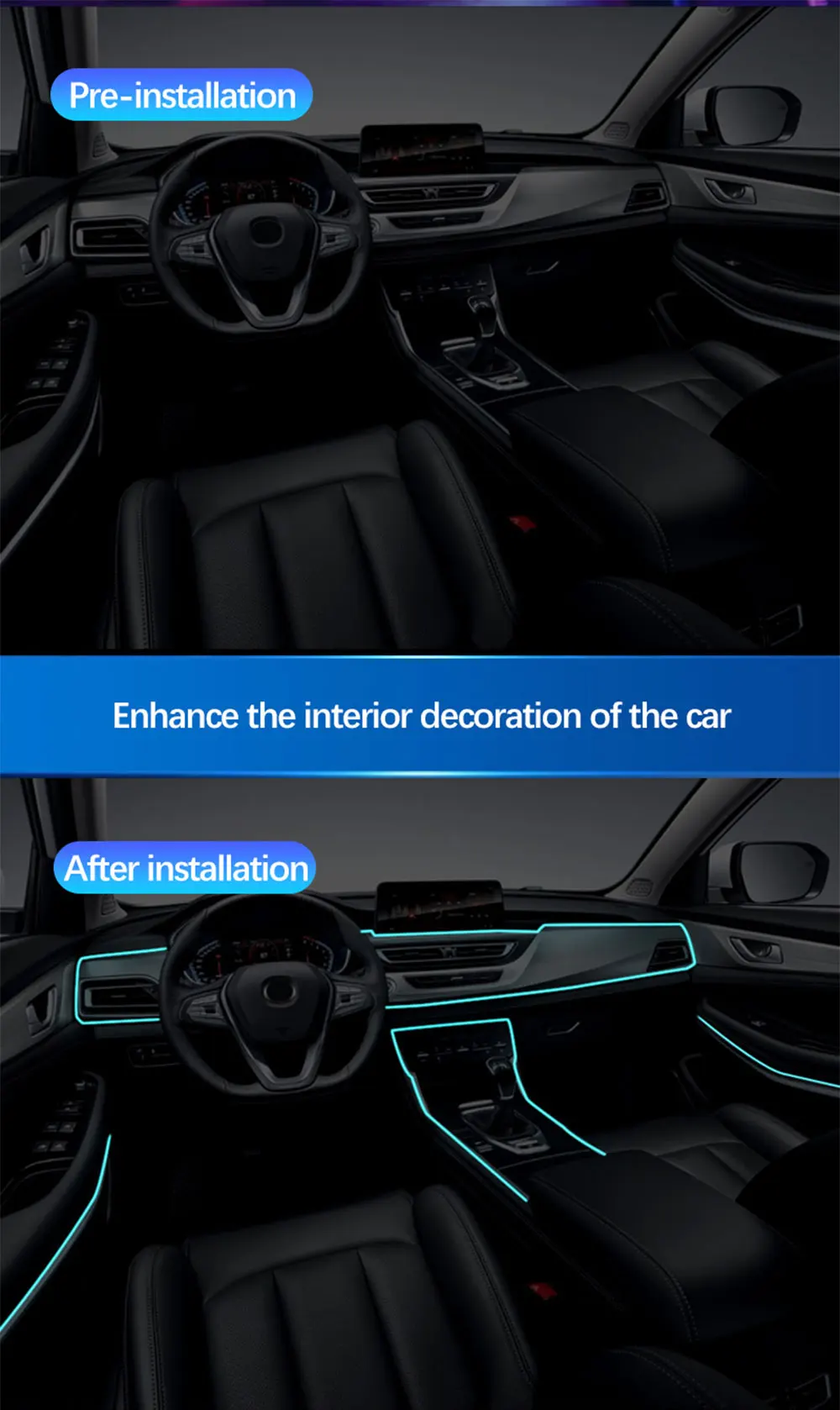Car RGB LED Ambient Light Strip USB Fiber Optic Atmosphere Car Neon Interior Light Strip Center Console Door Decoration Lamp
