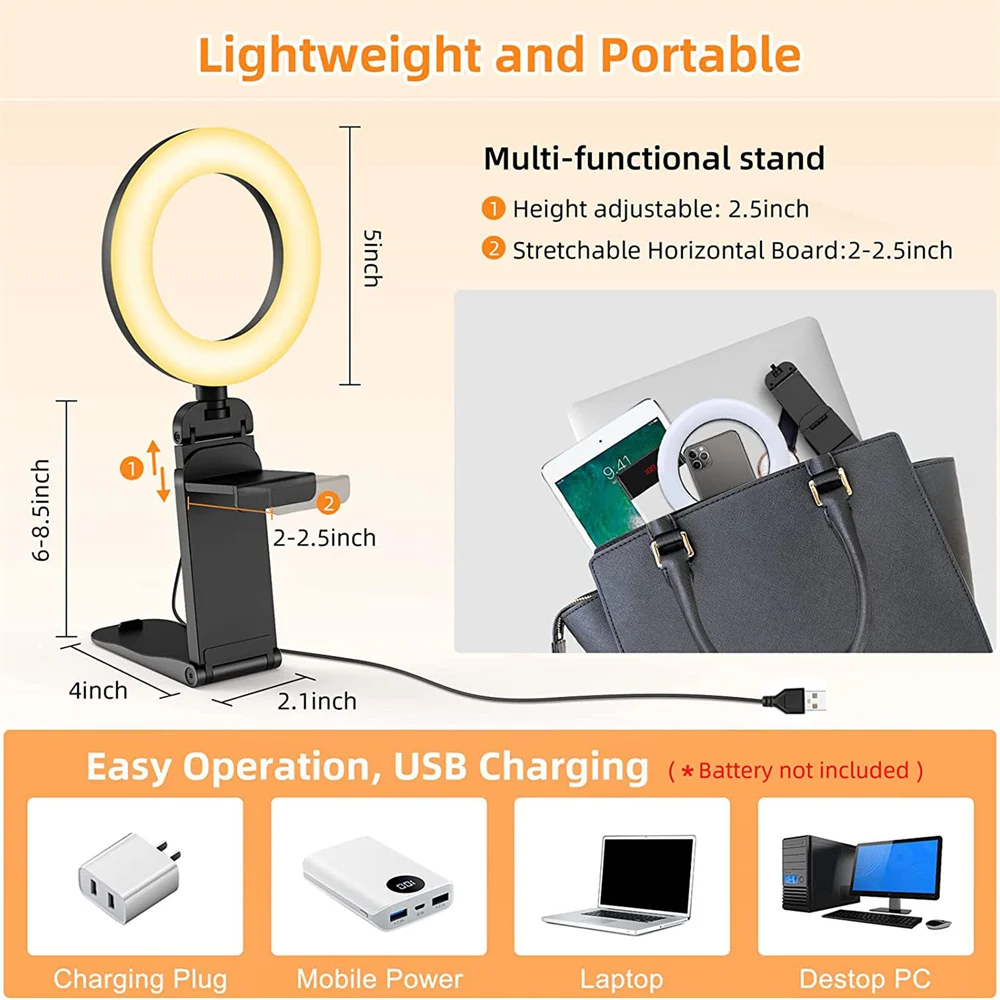 New Led Selfie Light Clip Ring Light with Phone Holder Desktop Ring Light for Computer Laptop Video Conference Lighting Makeup