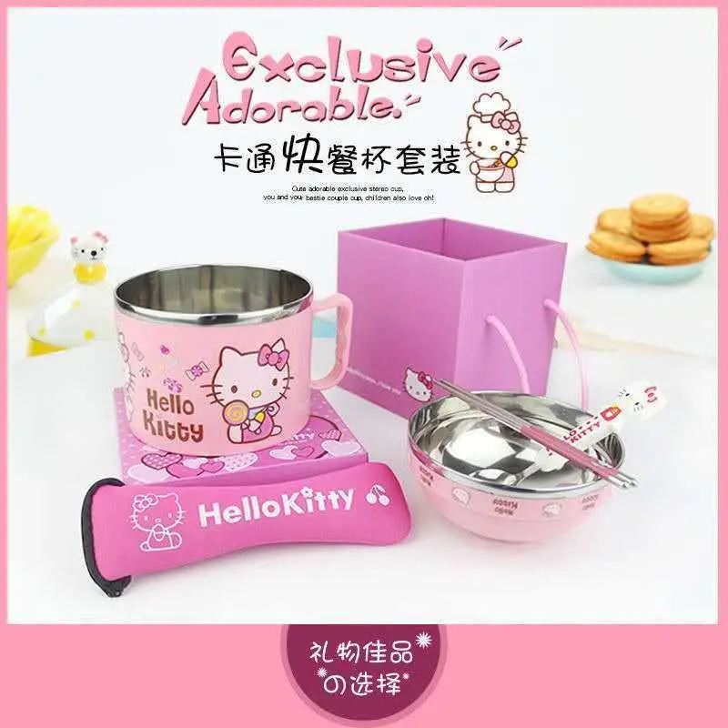 Miniso Kawaii Student Sus304 Instant Noodle Bowl Suit Hello Kitty Cartoon Portable Anti-Fall Insulation Office Workers Lunch Box