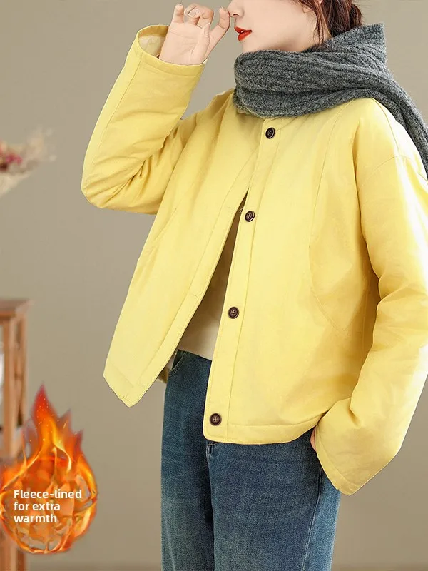 

Vintage round Ne Cotton Jaet Women's Winter New Loose Anti-Aging Casual Thiened Warm Cotton Clothes Top