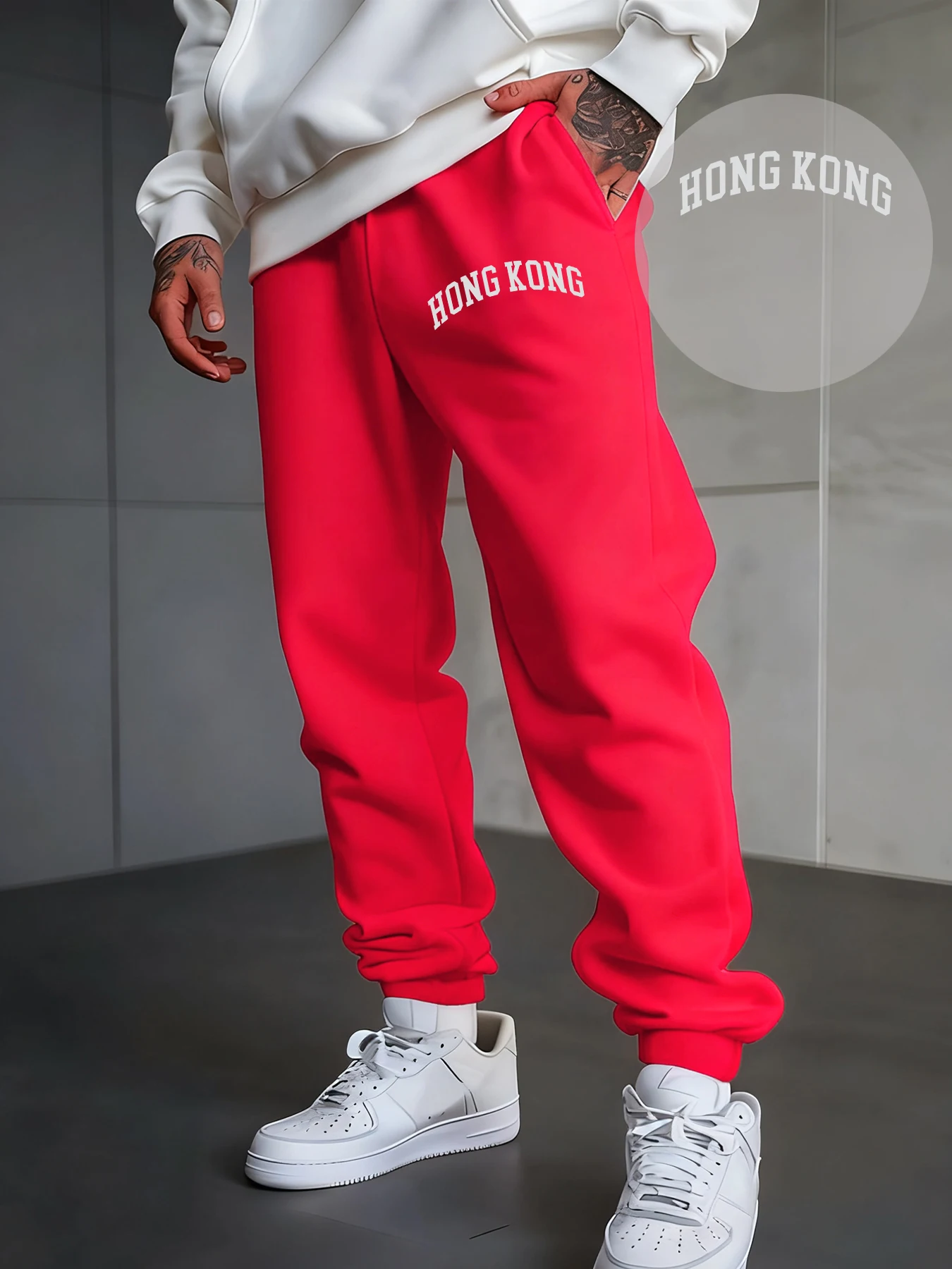 

Hong Kong Letter Creative Print Men Long Pants Fleece Fashion Sweatpants Casual Autumn Trousers Pocket Drawstring Jogging Pant