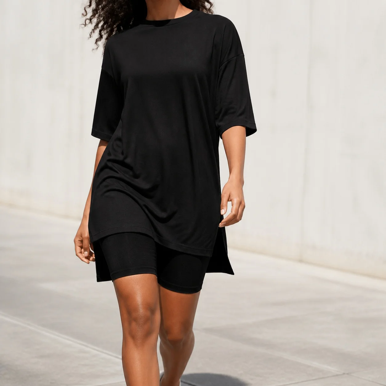 Women's Spring Summer Distressed Patchwork Solid Color Capri Shorts with T-Shirt Style Regular Sleeve and Casual Fit Oversized