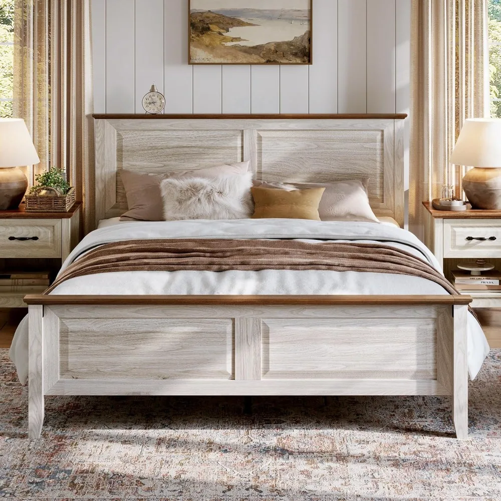 

Farmhouse Bed Frame, Full Bedframe with Headboard and Footboard, Wooden Bed Frame with Solid Wood Slats, Rustic Beige Plat