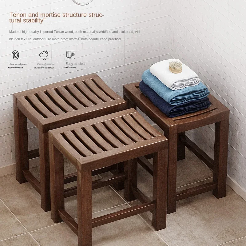 XK Solid Wood Bathroom Stool Bath Stool Bench Feet Washing Stool Shower Room Anti-Corrosion Stool