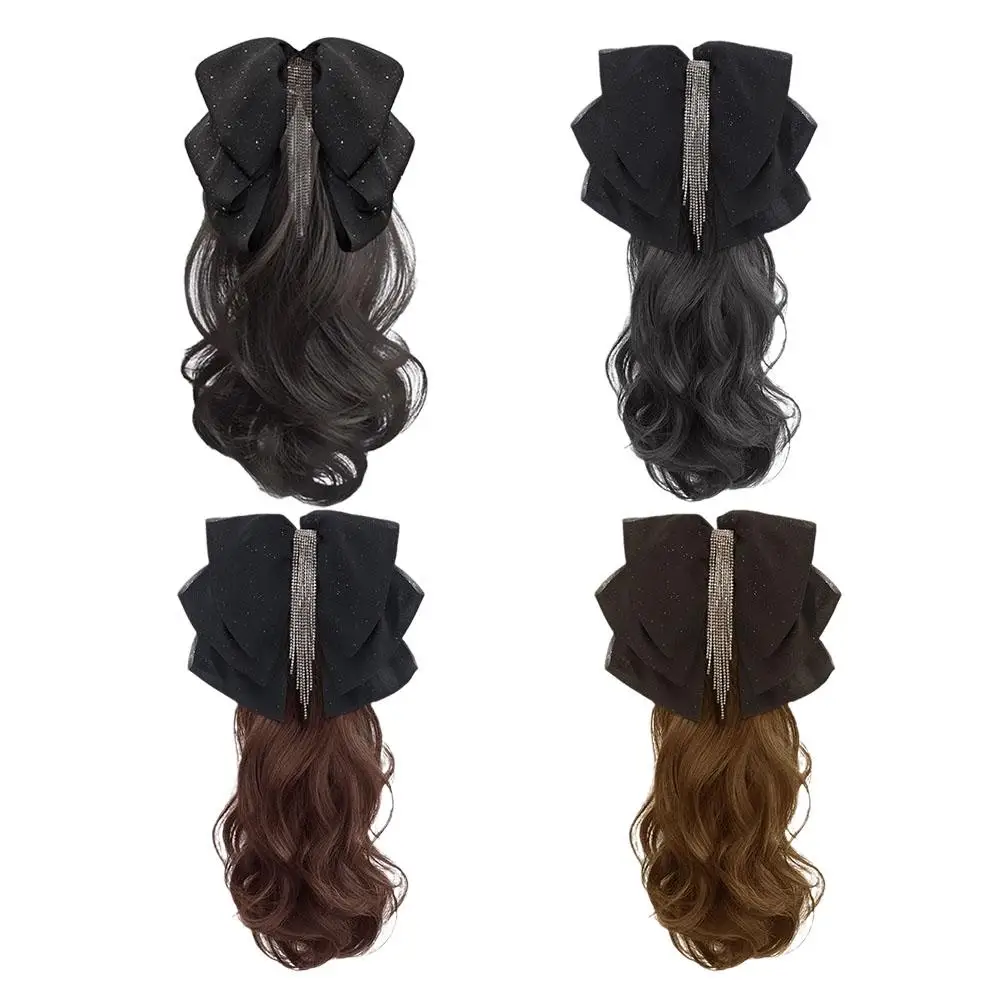 Ponytail Wig Women Rhinestone Tassel Bow Clip Increase Hair Volume Low Ponytail Simulated Water Ripples Half High Ponytail