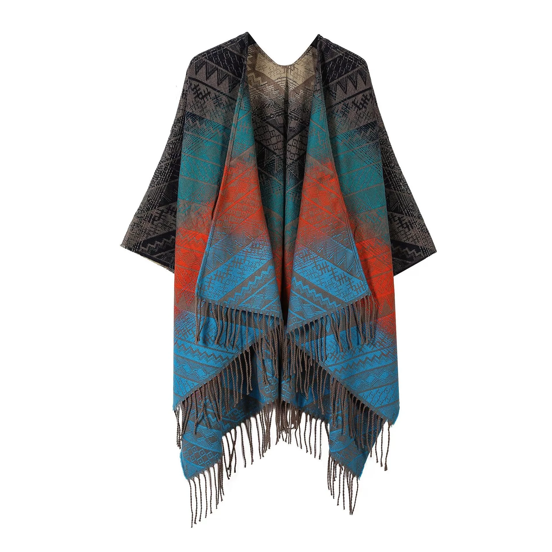 

Autumn Winter Lattice Women Travel Shawl Imitation Cashmere European National Style Fork Thickened Cloak Ponchos Capes