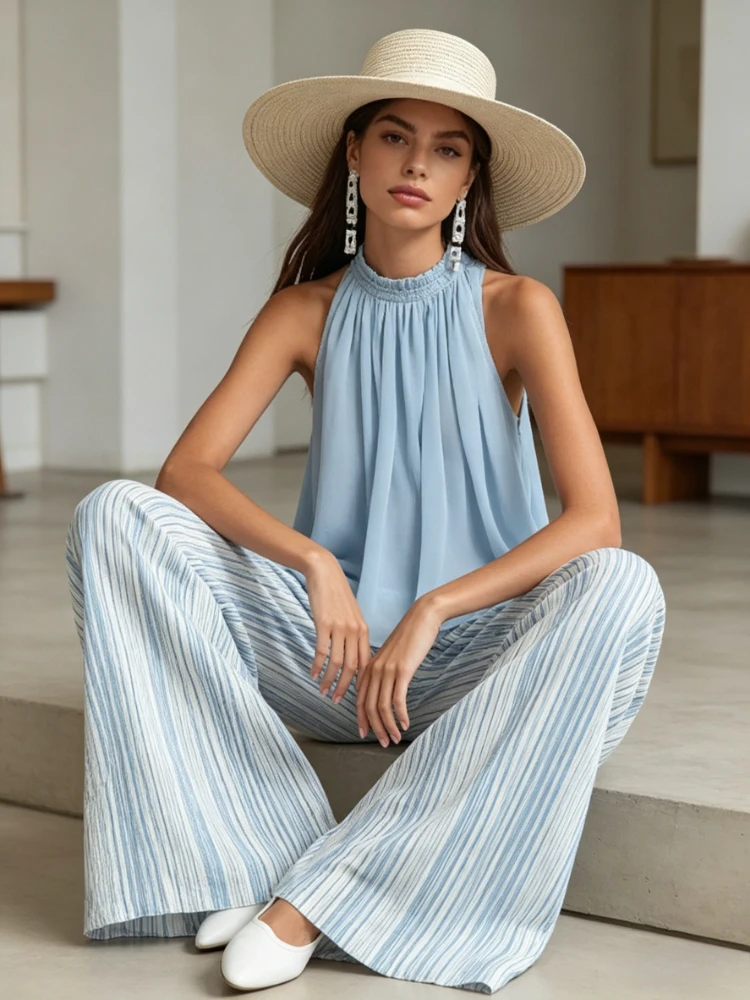 

Women's Vacation 2-Piece Set O Neck Chiffon Top and Striped Pleated Wide Leg Pants Summer Elegant Blue Pant Sets for Women