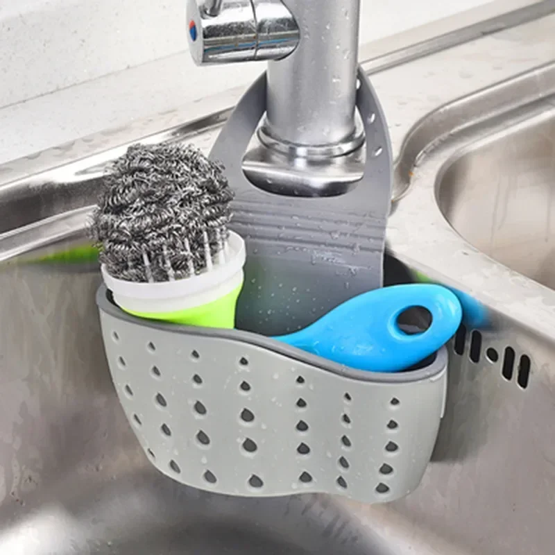 

Kitchen Sink Caddy Sponge Holder Silicone Plastic Soap Holder Hanging Ajustable Strap Faucet Caddy with Drain Holes for Drying