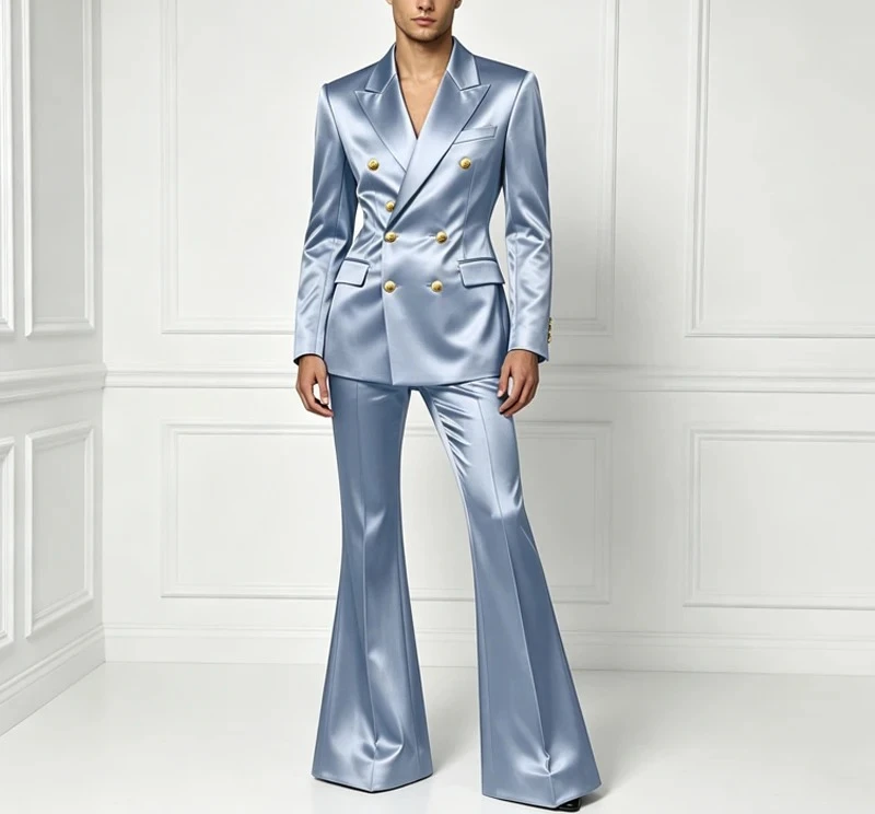 

Men's Satin Suit Set 2 Piece Notch Lapel Double Breasted Gold Button Blazer Flare Pants Formal Wedding Prom Party Groom Outfit